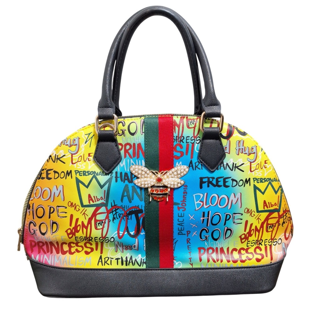 Alba Graffiti Print Dome Satchel Bag Multicolor Bee Emblem Web Stripe Street Art
